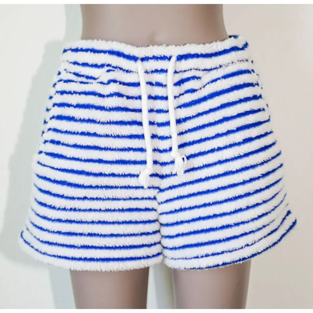 Blue White Stripe Hoodie Shorts Set Small Cozy Lounge Pajama Nautical Plush Fall